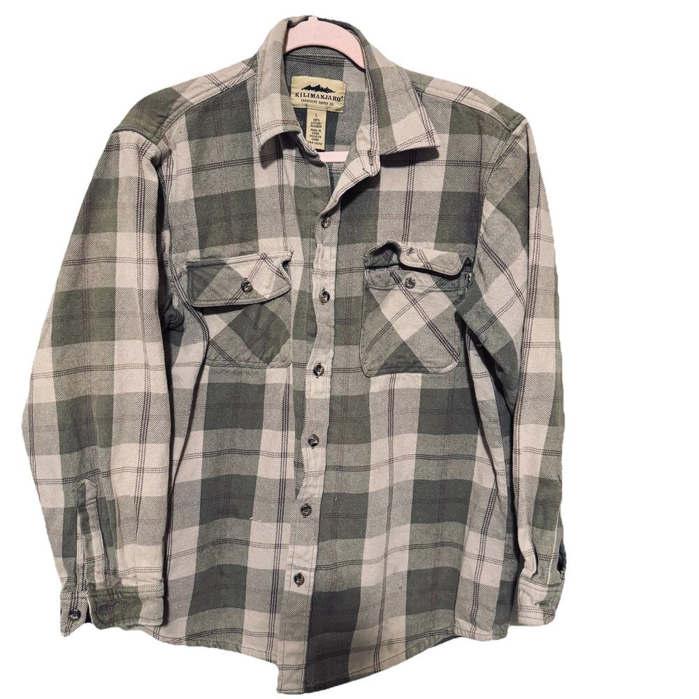 Kilimanjaro Men's Flannel Shirt Size L Button-Up 100% cotton shacket beige plaid